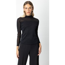 On Kadın Dik Yaka Tül Mixli Bluz 60383 Siyah