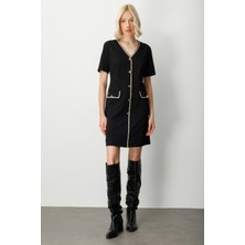 Ekol Kadın V Yaka Biyeli Midi Elbise 4021 Siyah