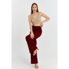 Bordo Palazzo Geniş Paça Dokuma Kumaş Pantolon