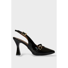 Kadın Tek Bant Tokalı Sivri Burun Arkası Açık Topuklu Ayakkabı Siyah