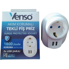 2x USB Şarjlı, 1080 Joule Korumalı Tekli Priz, Güvenle Kullanın