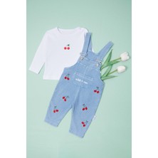 %100 Pamuk Kiraz Nakışlı Kız Çocuk 2 Li Salopet Takım