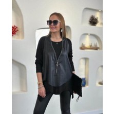 Tua Moda Kadın Uzun Kollu Asimetrik Kesim Viskon Bluz ve Çatlak Deri Görünümlü Yelek Ikili Takım