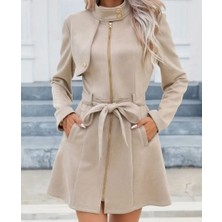 Arben Boutique Kadın Uzun Kollu Boyundan Düğmeli Fermuarlı Beli Kuşaklı Süet Ceket