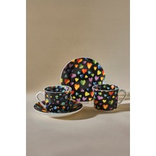 Kalp Desenli Siyah Iki Kişilik 80 ml Kahve Fincanı Seti