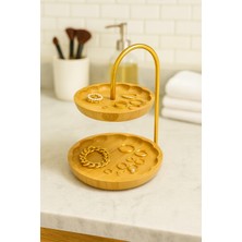Bambu 2 Katlı Sunum Standı, Dekoratif Çift Katlı Set, Papatya Altın Detaylı