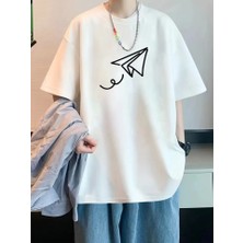 Baskılı Oversize Bisiklet Yaka T-Shirt - Beyaz
