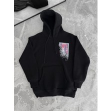 Uzun Kol Kapşonlu Ön ve Arka Baskılı Sweatshirt - Siyah