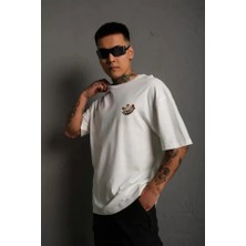 Unisex Bisiklet Yaka Baskılı Oversize T-Shirt - Beyaz