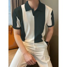 Erkek Kısa Kollu Polo Yakalı Blok Desenli Triko Bluz