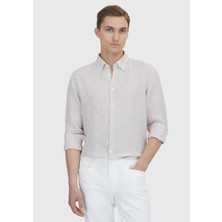 Kiremit Çizgili Casual Fit Dokuma Casual %100 Keten Gömlek