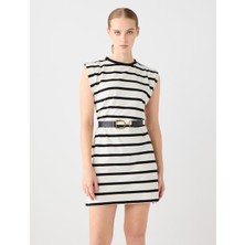 Jimmy Key Ekru Bisiklet Yaka Kolsuz Çizgili Örme Mini Elbise