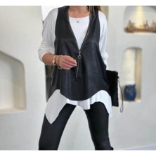 Arben Boutique Kadın Uzun Kollu Asimetrik Kesim Viskon Bluz ve Çatlak Deri Görünümlü Yelek Ikili Takım