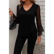 Aisha Elbise Kadın Uzun Kollu V Yakalı Kolları Ispanyol Detayı Sandy Bluz