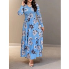 Nidam Butik Kadın Uzun Kollu V Yakalı Çiçek Desenli Maxi Süprem Elbise