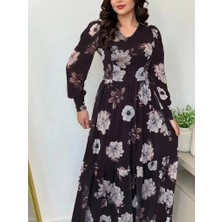 Bemy Çarşı Kadın Uzun Kollu V Yakalı Çiçek Desenli Maxi Süprem Elbise