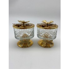 2'li Ayaklı Gold Timeless Cam Magnolia Kasesi, Kelebek Kapaklı Dondurmalık, Şekerlik, Çerezlik