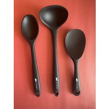 Siyah 3'lü Isıya Dayanıklı Yapışmaz Silikon Kaşık Seti, 28CM ve 22CM Uçlar