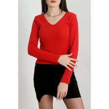 V Yaka Kaşkorse Bluz Kırmızı A3699