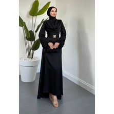 Merryna Kemerli Kuyruklu Saten Abiye Siyah