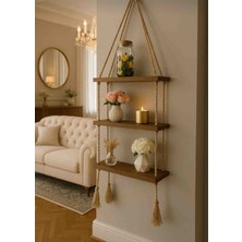 3 Katlı Dekoratif Ahşap Halatlı Duvar Rafı Kitaplık & Çiçeklik Raf 40CM/13CM/90CM