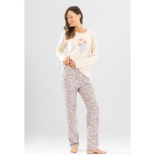 Kadın Pamuklu Bisiklet Yaka Çiçek Baskılı Uzun Kollu Pijama Takımı 9924 Krem