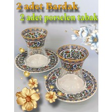 Altın Çini Desenli Porselen Tabak ve Ince Belli Bardak 2 Kişilik Set
