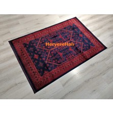 Herat Her 01 Navy Afgan Desenli Viskon Sıkı Dokuma Kaymaz Tabanlı Ince Makine Halısı