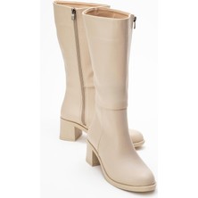 Topuklu Kadın Çizme Bej Cilt