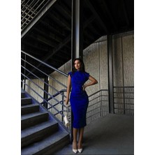 Moda Feminen Broşlu Dik Yaka Midi Boy Abiye Elbise 582934 SAKS