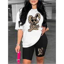Alt-Üst Baskılı Kısa Tayt Oversize Salaş Boyfriend T-Shirt Takım