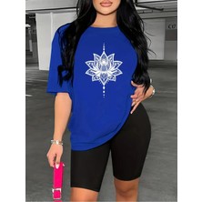 Kadın Nilüfer Grafik Baskılı T-Shirt, Scuba Dalgıç Kısa Tayt Takım Kombin (Tayt Tişört Takım)