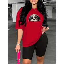 Kadın Şık Köpek Baskılı Kısa Tayt T-Shirt Takım Kombin Oversize Salaş Boyfriend