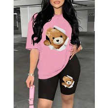 Kadın Pencere Sevimli Ayı Baskılı T-Shirt, Scuba Dalgıç Kısa Tayt Takım (Tayt Tişört Takım)