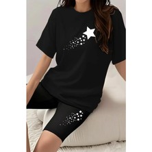 Kadın Kayan Yıldız Baskılı Kısa Tayt T-Shirt Takım Kombin Oversize Salaş Boyfriend