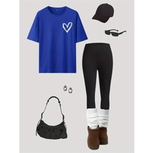 Kadın Minimal Kalp Baskılı T-Shirt Uzun Tayt Kombin Oversize Takım Salaş Boyfriend