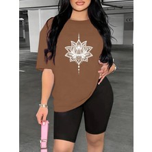 Kadın Nilüfer Grafik Baskılı T-Shirt, Scuba Dalgıç Kısa Tayt Takım Kombin (Tayt Tişört Takım)