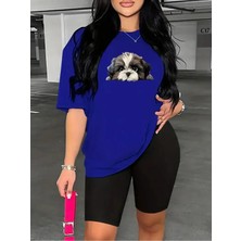 Kadın Şık Köpek Baskılı Kısa Tayt T-Shirt Takım Kombin Oversize Salaş Boyfriend