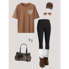 Kadın Minimal Kalp Baskılı T-Shirt Uzun Tayt Kombin Oversize Takım Salaş Boyfriend
