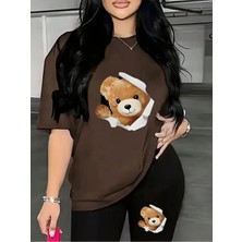 Kadın Pencere Sevimli Ayı Baskılı T-Shirt, Scuba Dalgıç Kısa Tayt Takım (Tayt Tişört Takım)