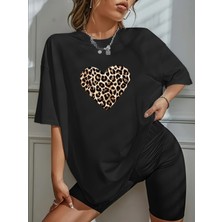 Kadın Leopar Kalp Baskılı T-Shirt, Scuba Dalgıç Kısa Tayt Takım (Tayt Tişört Takım)