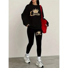 Kadın Siyah Tayt - Sweatshirt Takım 2'li Kombin Oversize Salaş Boyfriend