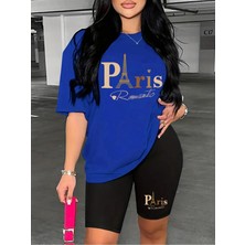 Kadın Paris Romantik Baskılı T-Shirt, Scuba Dalgıç Kısa Tayt ( Tayt Tişört Takım )
