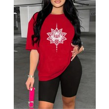 Kadın Nilüfer Grafik Baskılı T-Shirt, Scuba Dalgıç Kısa Tayt Takım Kombin (Tayt Tişört Takım)