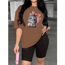 Kadın Sevimli Kedi Baskılı T-Shirt Tayt Takım Kombin Oversize Salaş Boyfriend