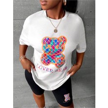 Kadın Lover Bear Baskılı Tayt-T-Shirt Takım Oversize Salaş Boyfriend