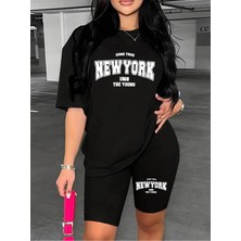 Kadın New York Baskılı T-Shirt, Scuba Dalgıç Kısa Tayt Takım ( Tayt Tişört Takım )