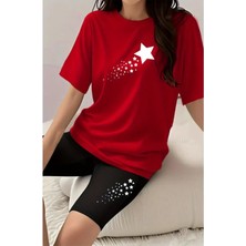 Kadın Kayan Yıldız Baskılı Kısa Tayt T-Shirt Takım Kombin Oversize Salaş Boyfriend