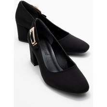 Kadın Yan Uzun Tokalı Küt Burunlu Topuklu Ayakkabı; Siyah Zra