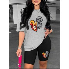 Baskılı Kadın Kısa Tayt Oversize Salaş Boyfriend T-Shirt Takım